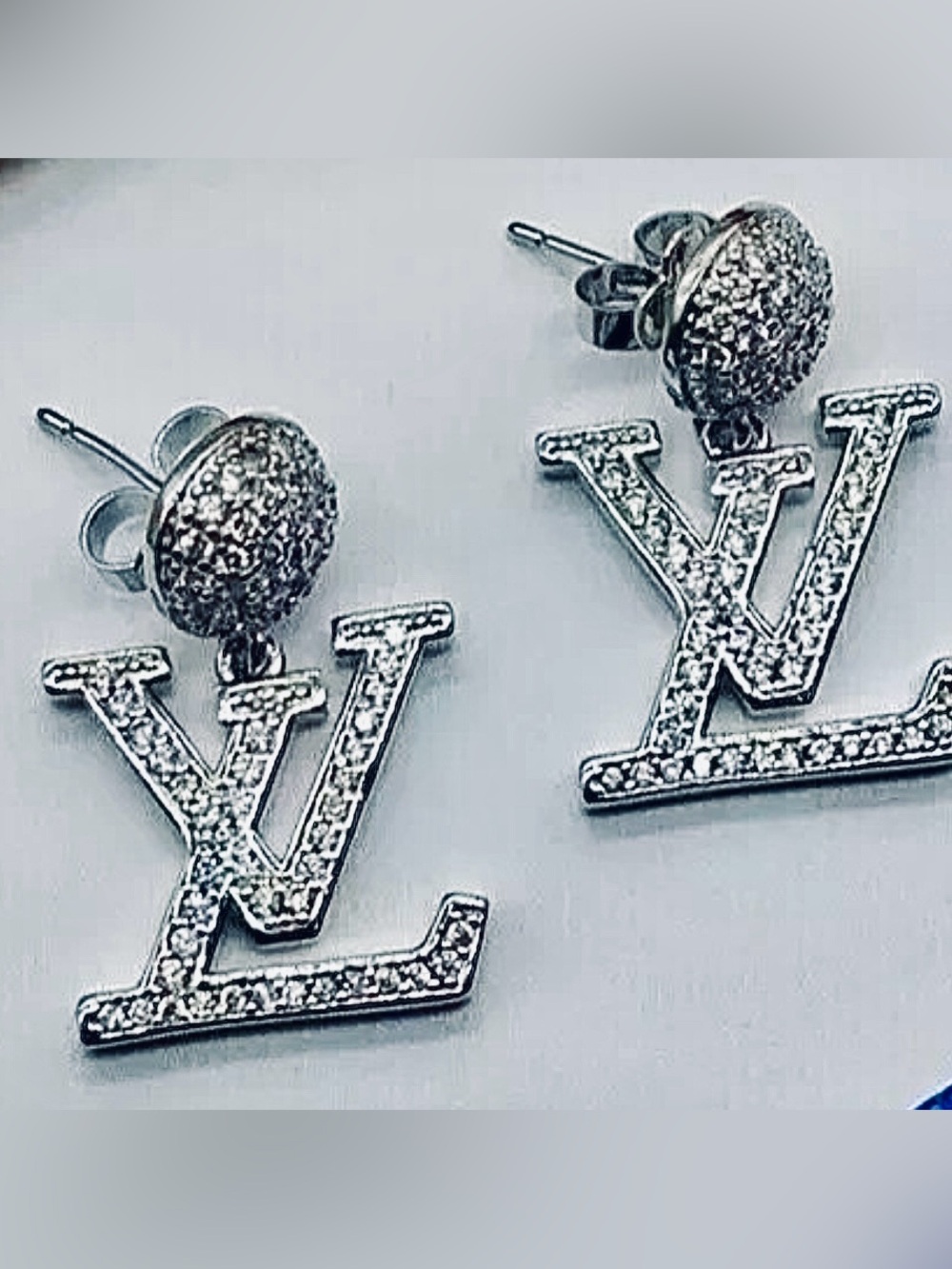 Silver Louis Vuitton Style Crystal Logo Drop Earrings